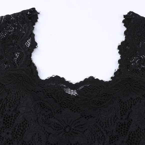 Black Floral Lace Scalloped Square Neck Bodysuit - Picture 8 of 11